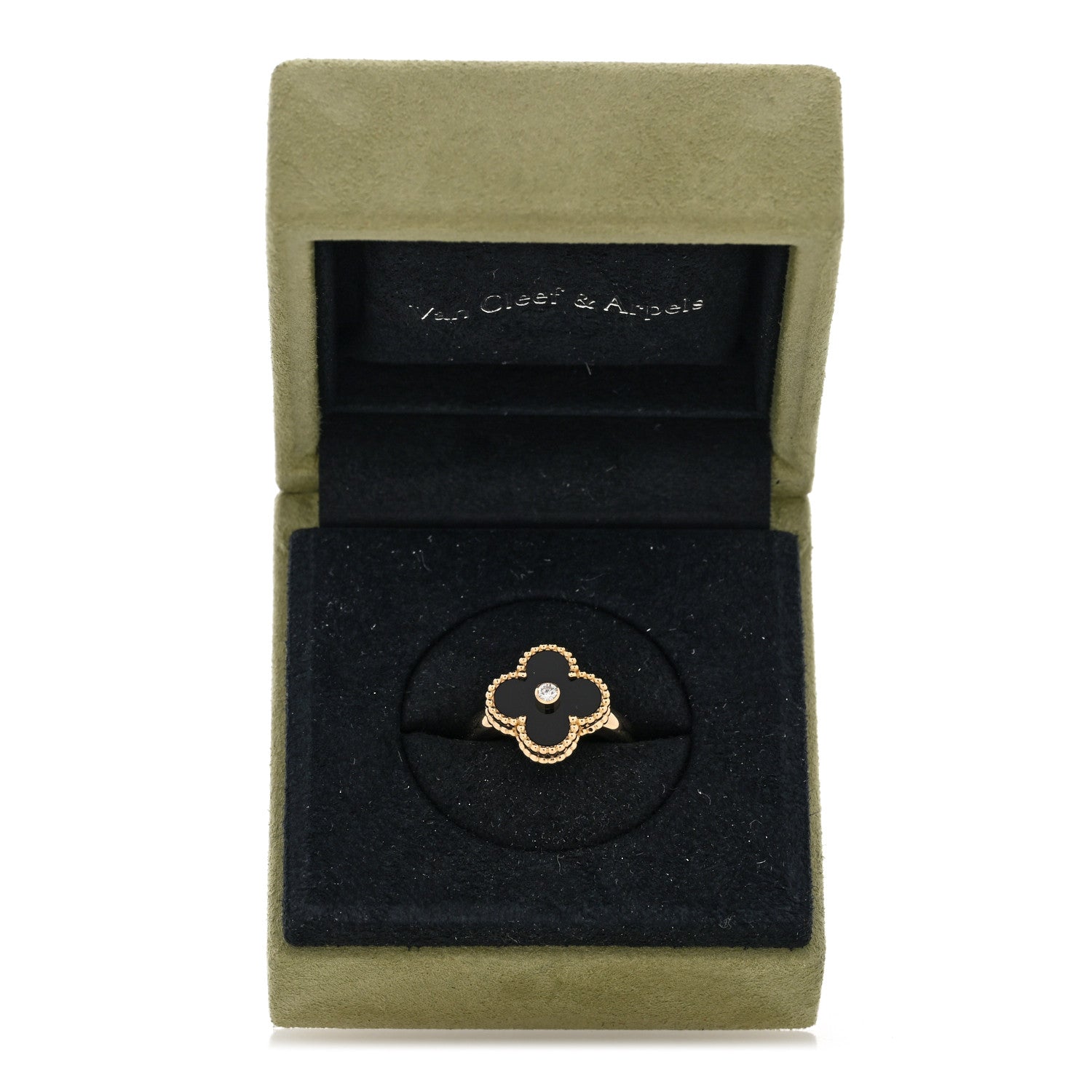 Van Cleef & Arpels 18K Yellow Gold Black Onyx Diamond Vintage Alhambra Ring 56 7.5 5 of 5