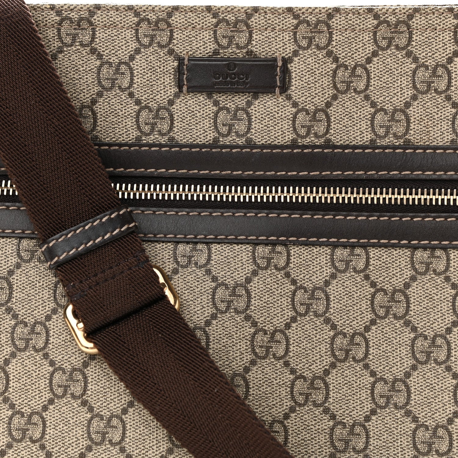 Gucci GG Supreme Monogram Selleria Calfskin Small Flat Side Zip Messenger Bag Beige Ebony Cocoa Dark Chocolate 8 of 10