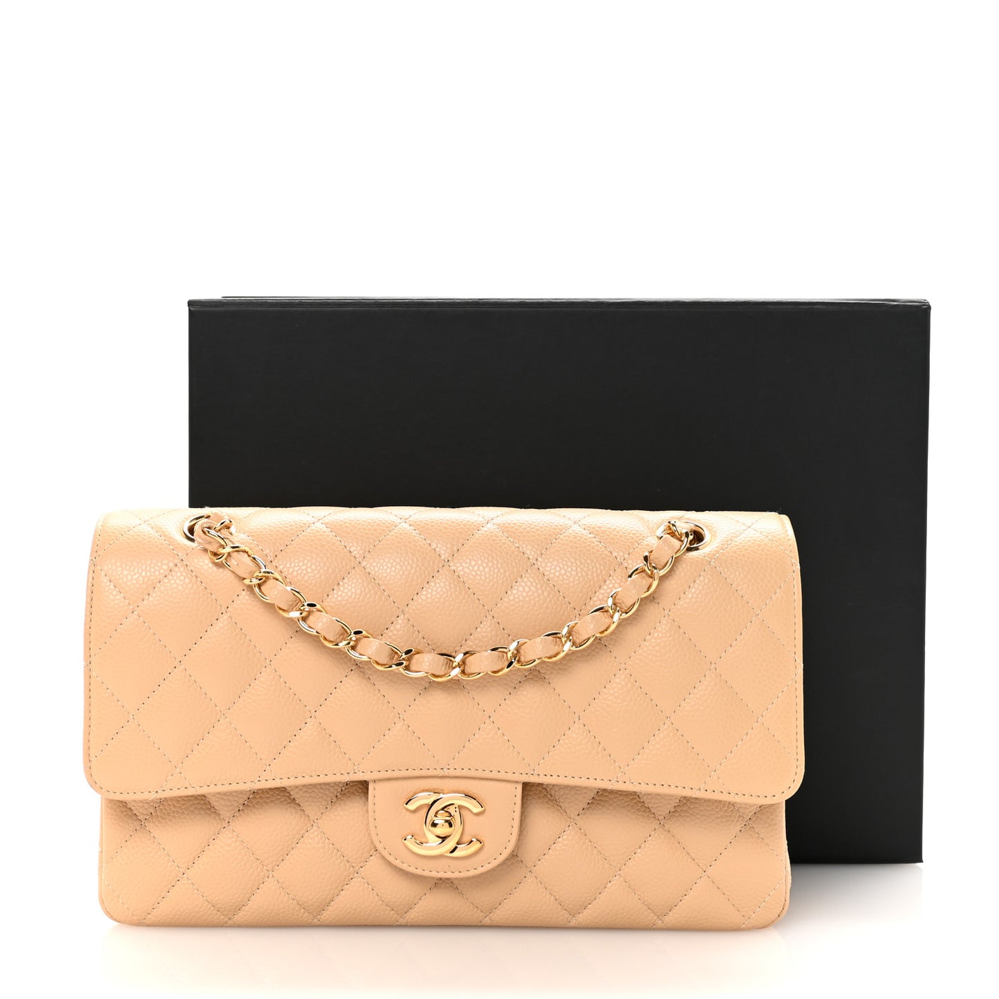Caviar Quilted Medium Double Flap Beige Clair