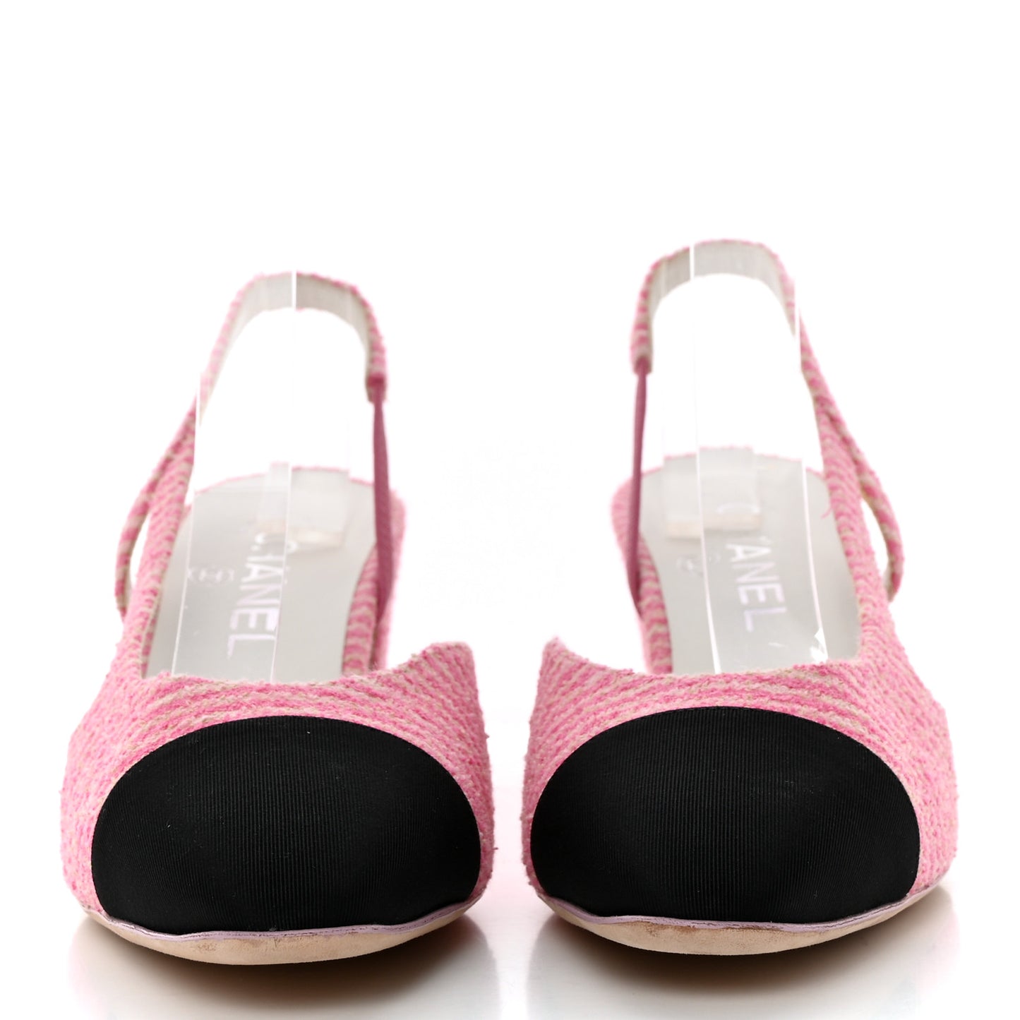 Fabric Grosgrain Cap Toe CC Striped Slingback Pumps 36 Pink Black 39.5 Pink Black