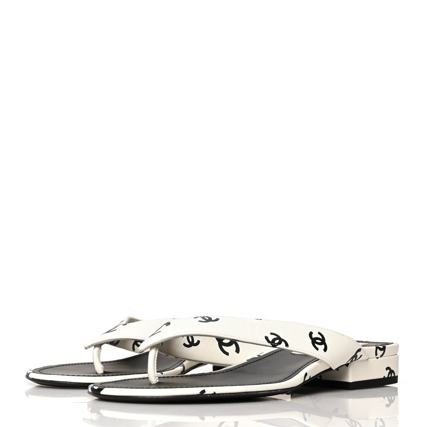 Lambskin Printed CC Thong Sandals 38 White Black