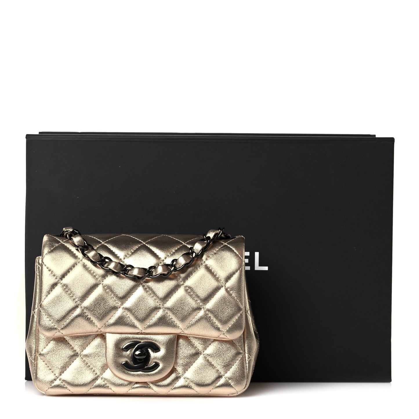 Metallic Lambskin Quilted Mini Square Flap Gold Black