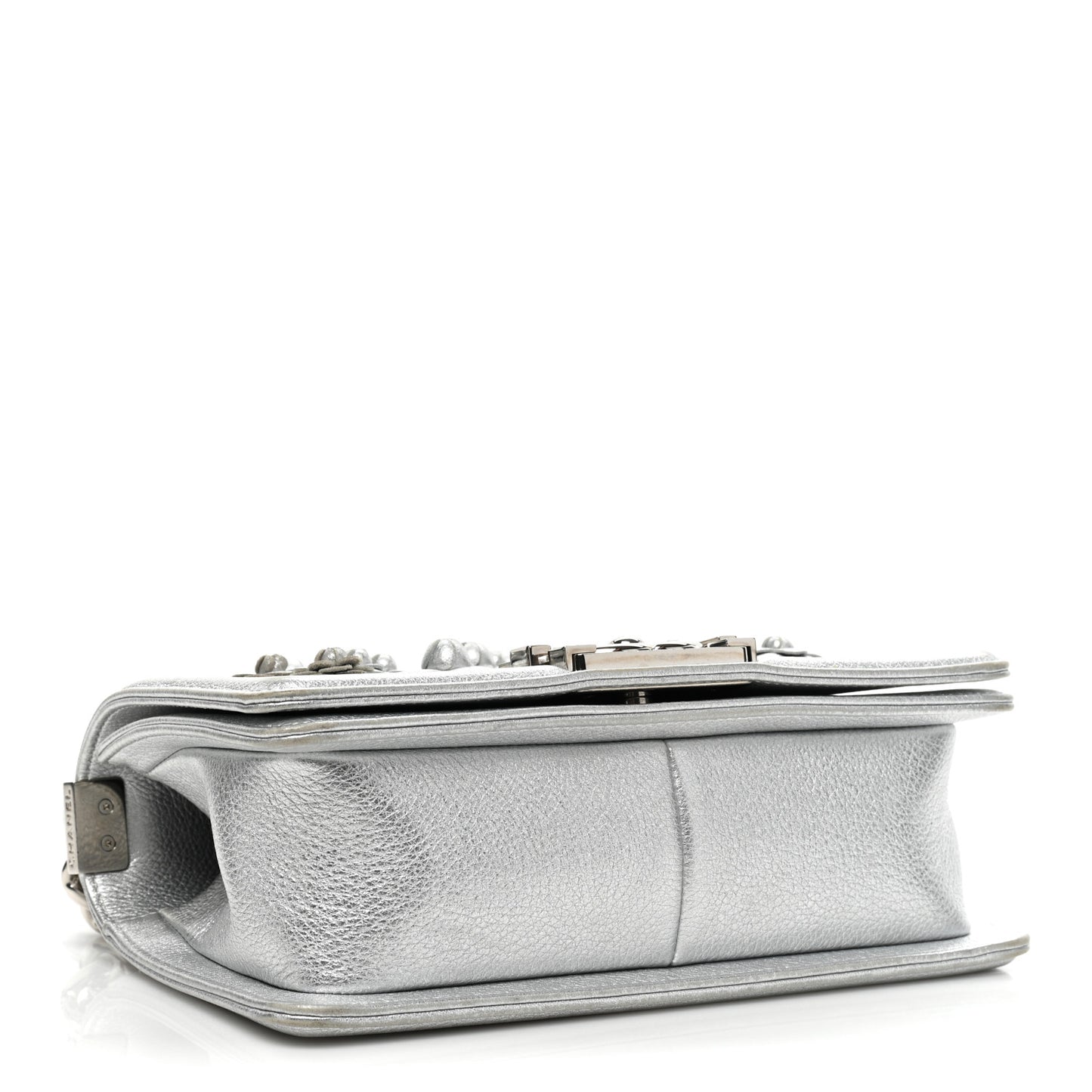 Metallic Calfskin Camellia Quilted Small Boy Flap Silver