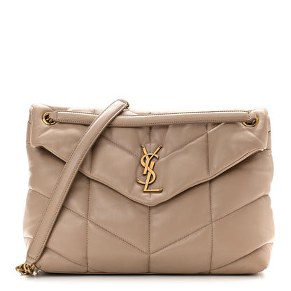 Saint Laurent Lambskin Quilted Medium Loulou Puffer Monogram Chain Satchel Dark Beige 1 of 11