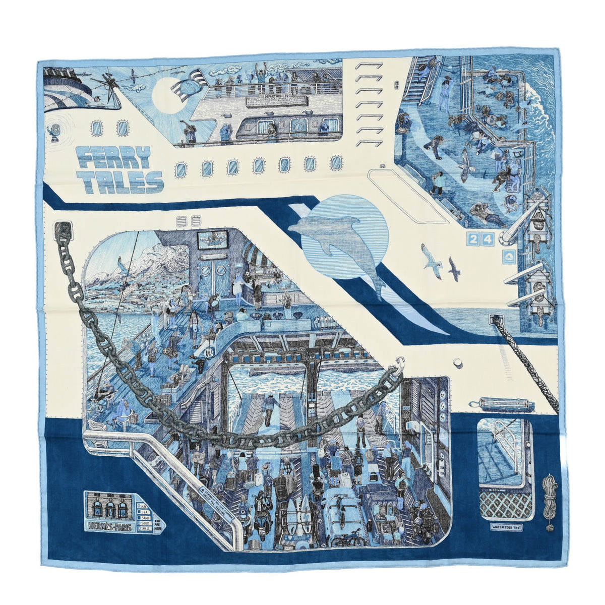Hermes Cashmere Silk Ferry Tales Scarf 100 White Marine Ciel 1 of 3