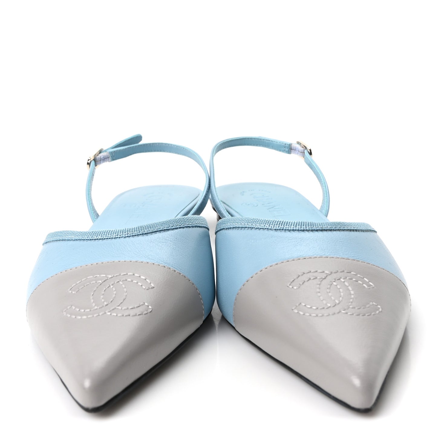 Iridescent Lambskin Cap Toe CC Slingback Flats 38 Light Blue Grey
