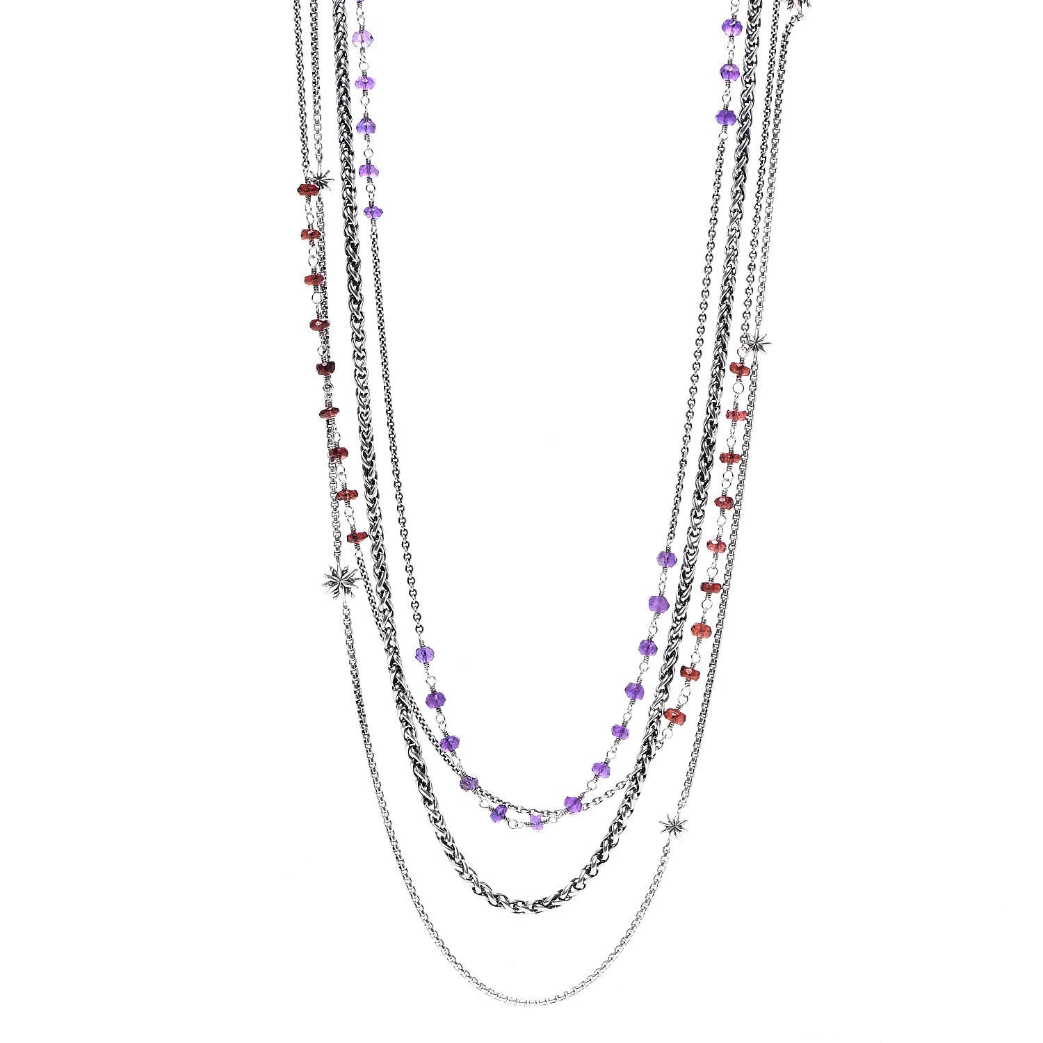 David Yurman Sterling Silver Amethyst Garnet Multi Strand Starburst Chain Bead Necklace 1 of 5
