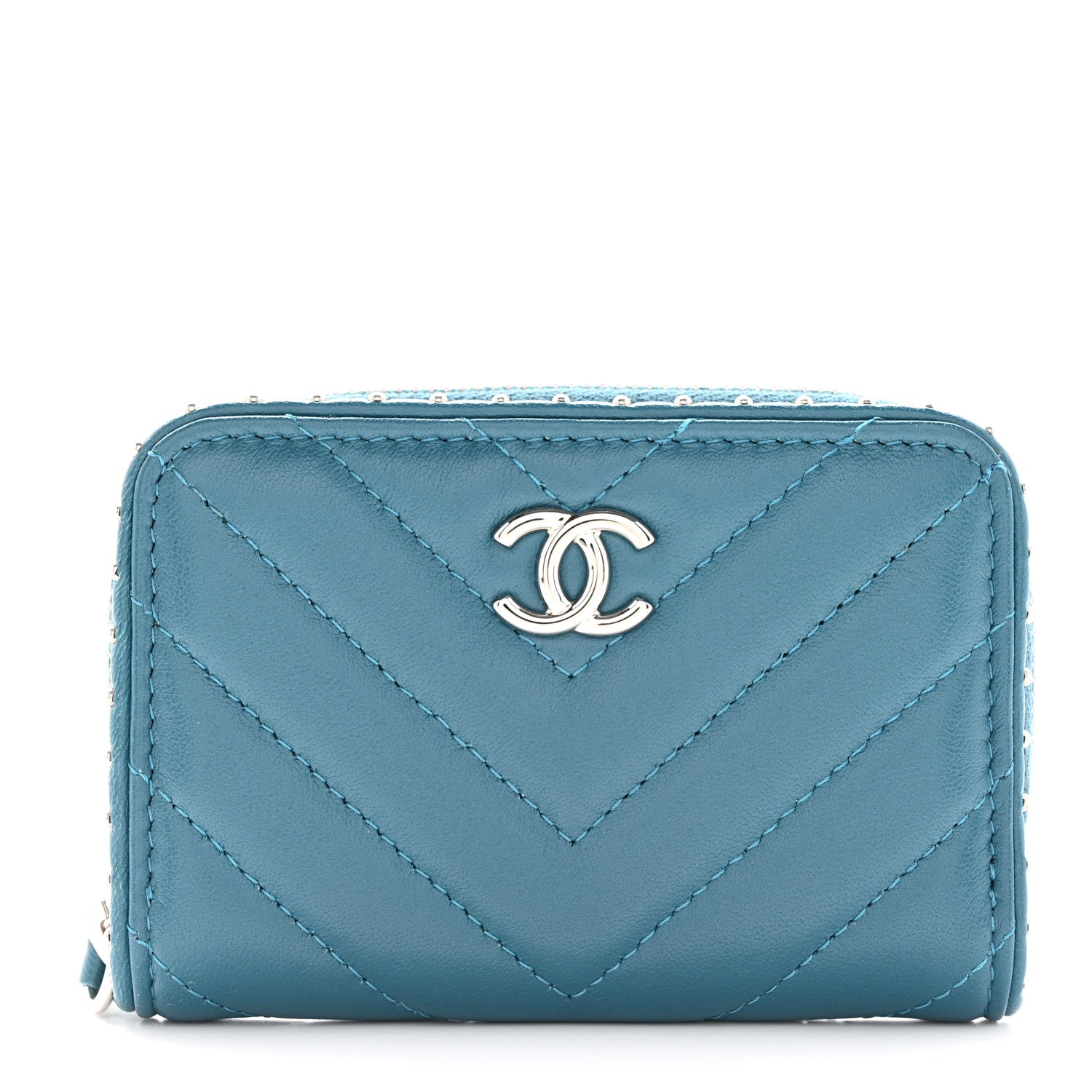 Chanel Lambskin Chevron Quilted Studded Zip Around Coin Purse Blue 1 of 9