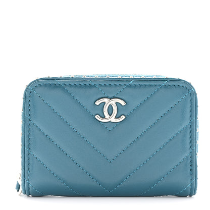 Chanel Lambskin Chevron Quilted Studded Zip Around Coin Purse Blue 1 of 9