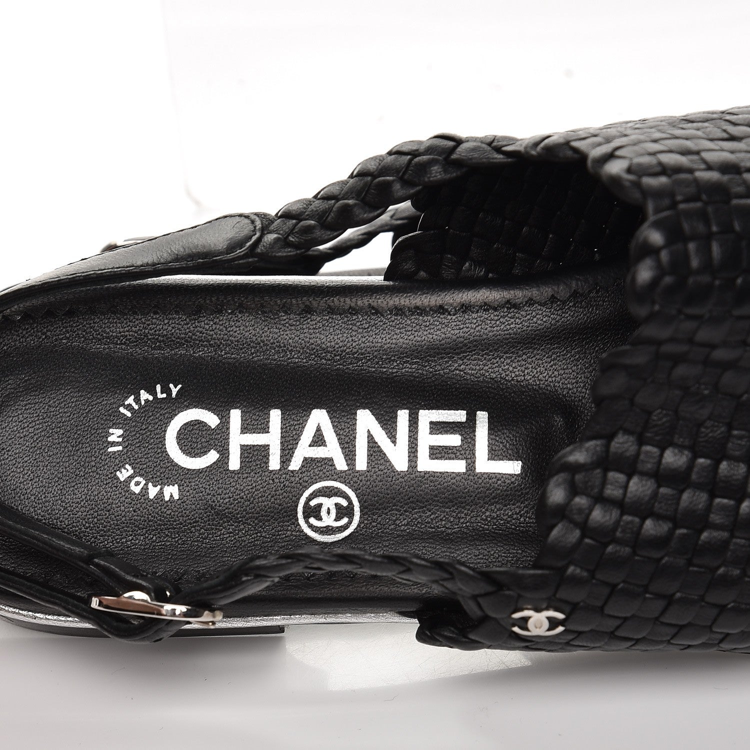 Chanel Braided Lambskin Patent Cap Toe CC Slingback Sandals 36.5 Black 7 of 11