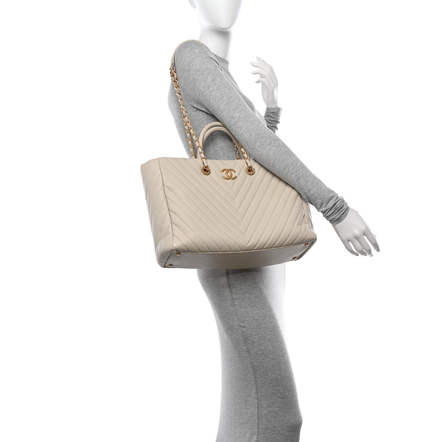 Chanel Caviar Chevron Quilted Coco Handle Shopping Tote Ivory 2 of 13