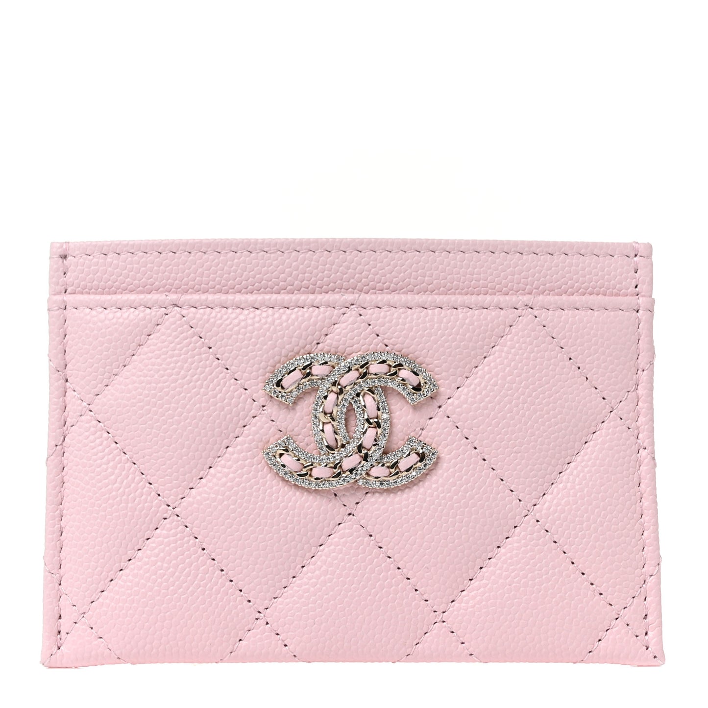 Caviar Quilted Crystal Card Holder Pink