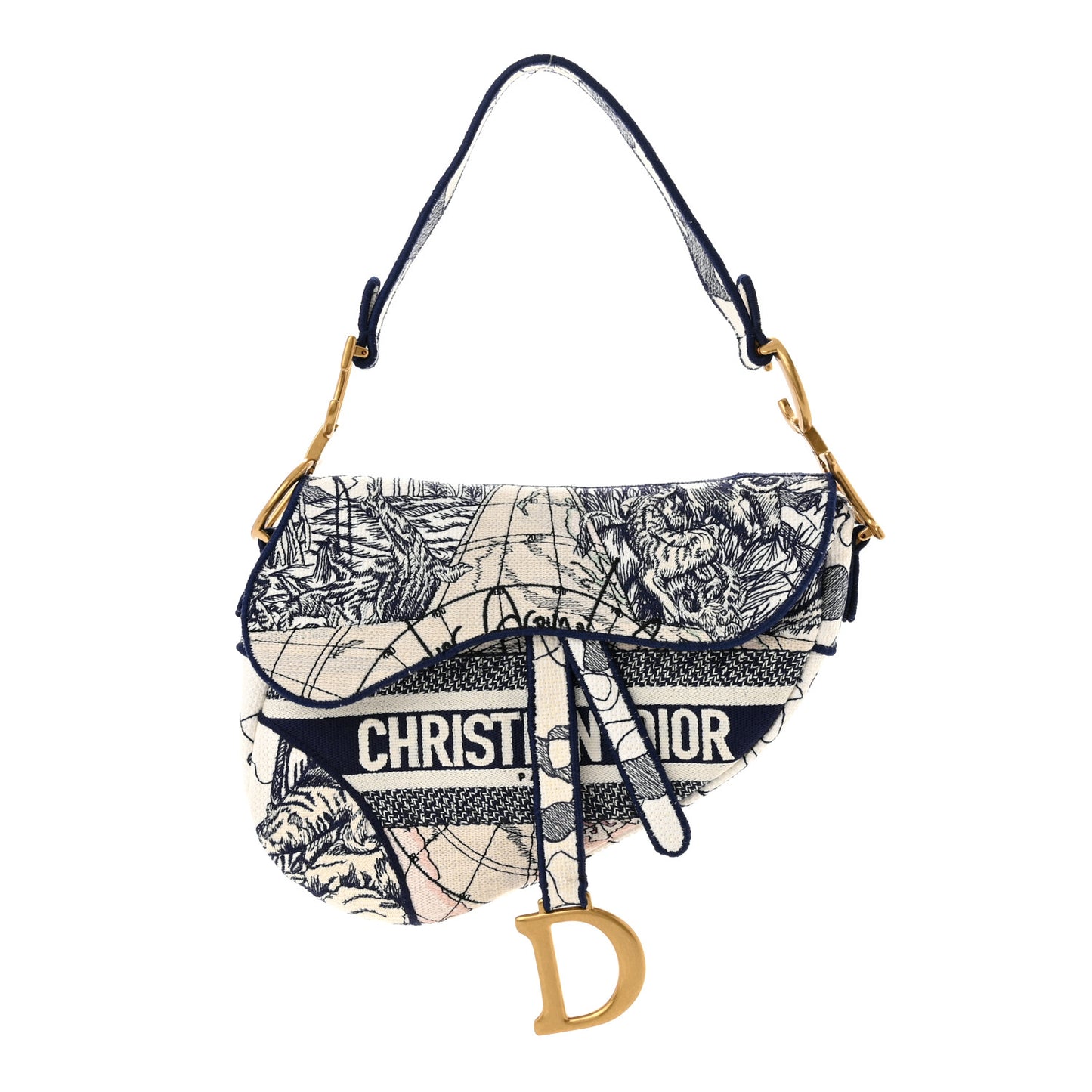Canvas Embroidered Around the World Saddle Bag Blue