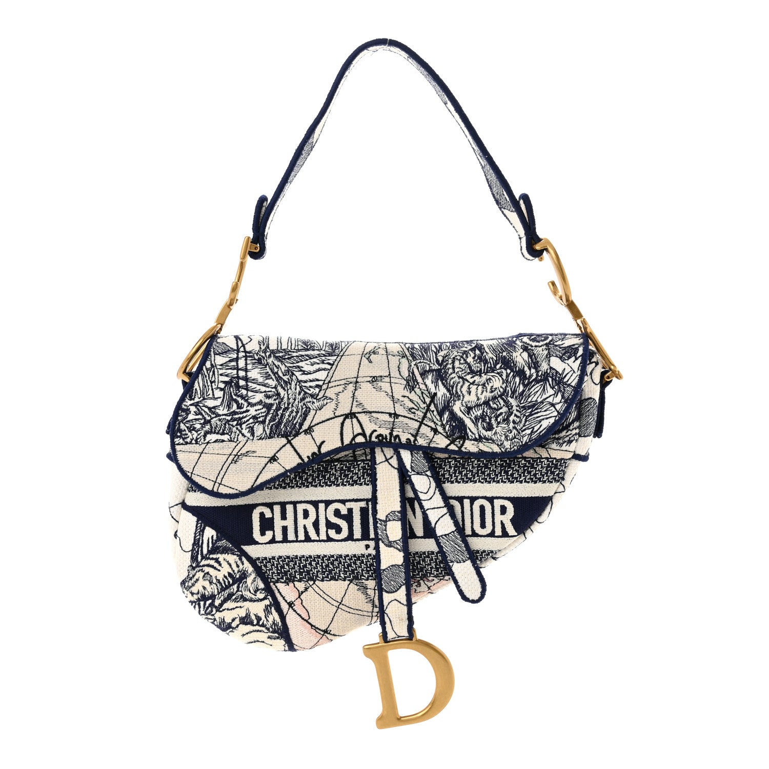 Christian Dior Canvas Embroidered Around the World Saddle Bag Blue 1 of 11