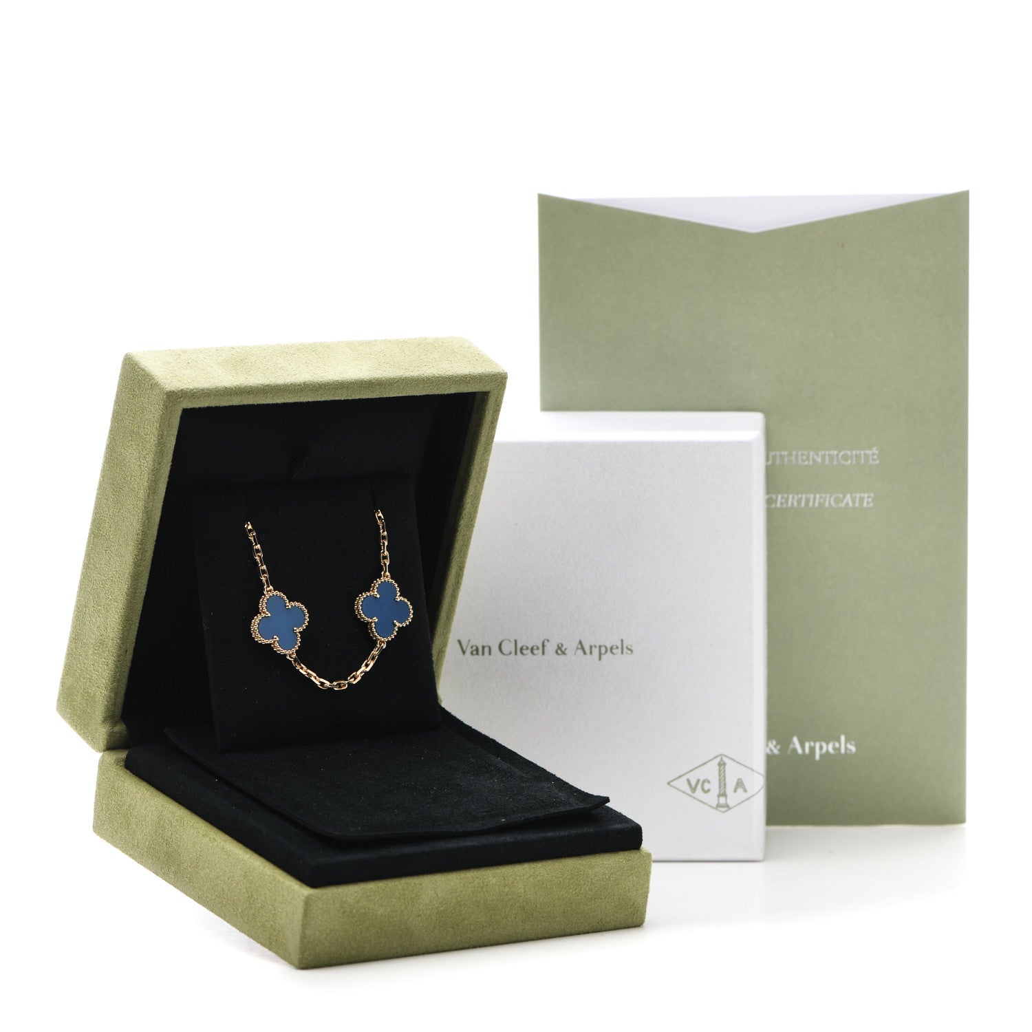 Van Cleef & Arpels 18K Yellow Gold Blue Agate 10 Motifs Vintage Alhambra Necklace 6 of 6