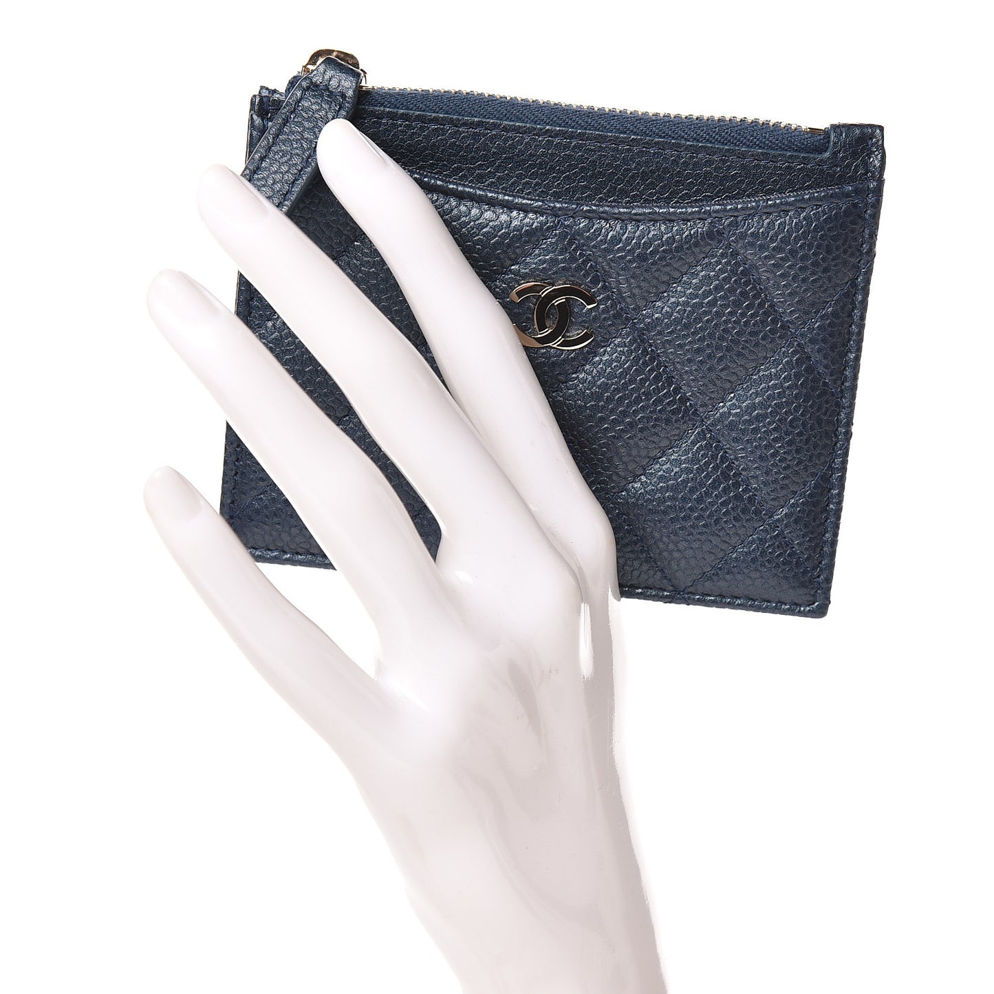 Metallic Caviar Quilted CC Zip Card Holder Dark Blue