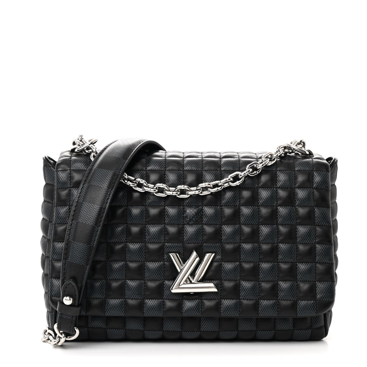 Calfskin Quilted Damier Twist MM Black Anthracite