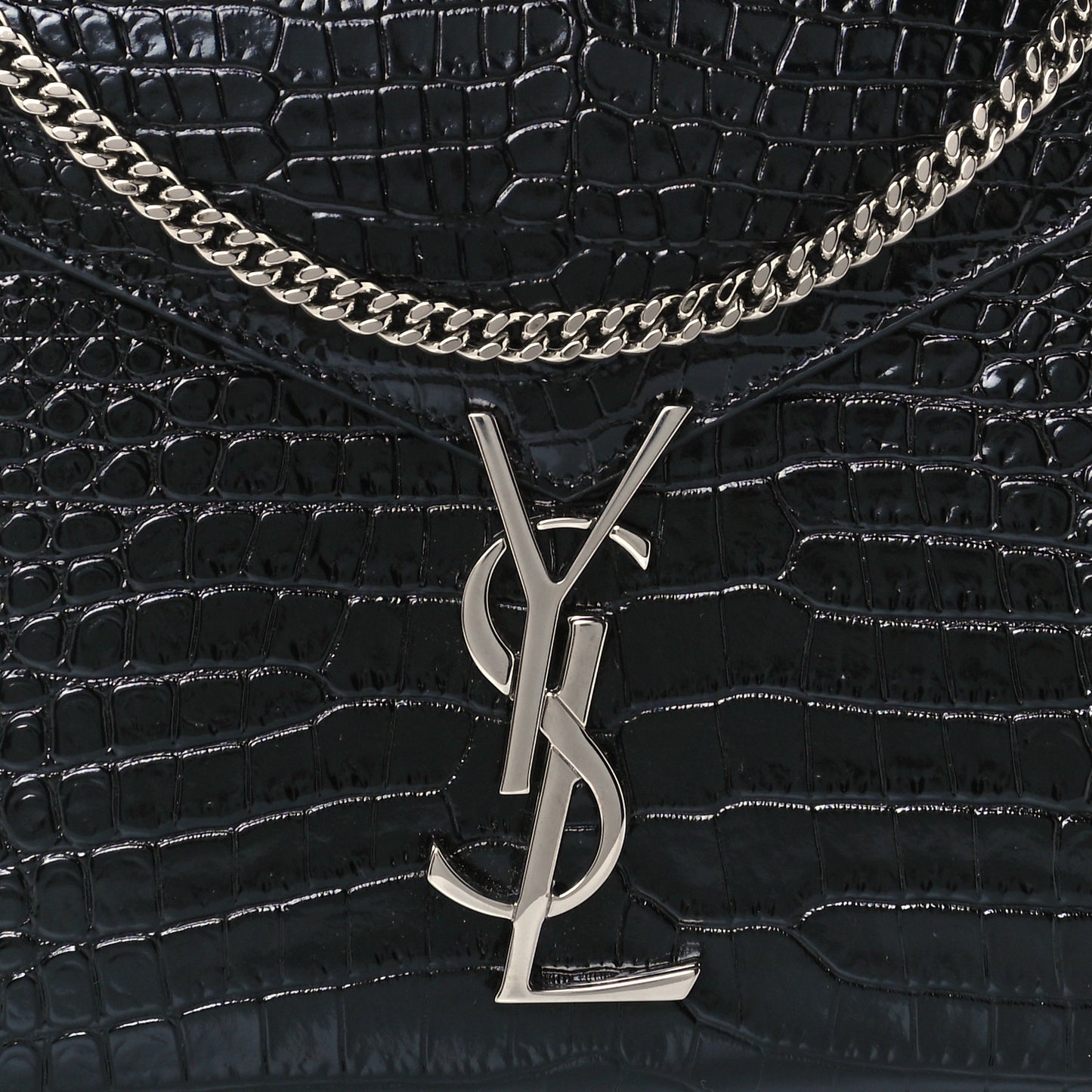 Patent Calfskin Crocodile Embossed Monogram Cassandra Chain Wallet Black