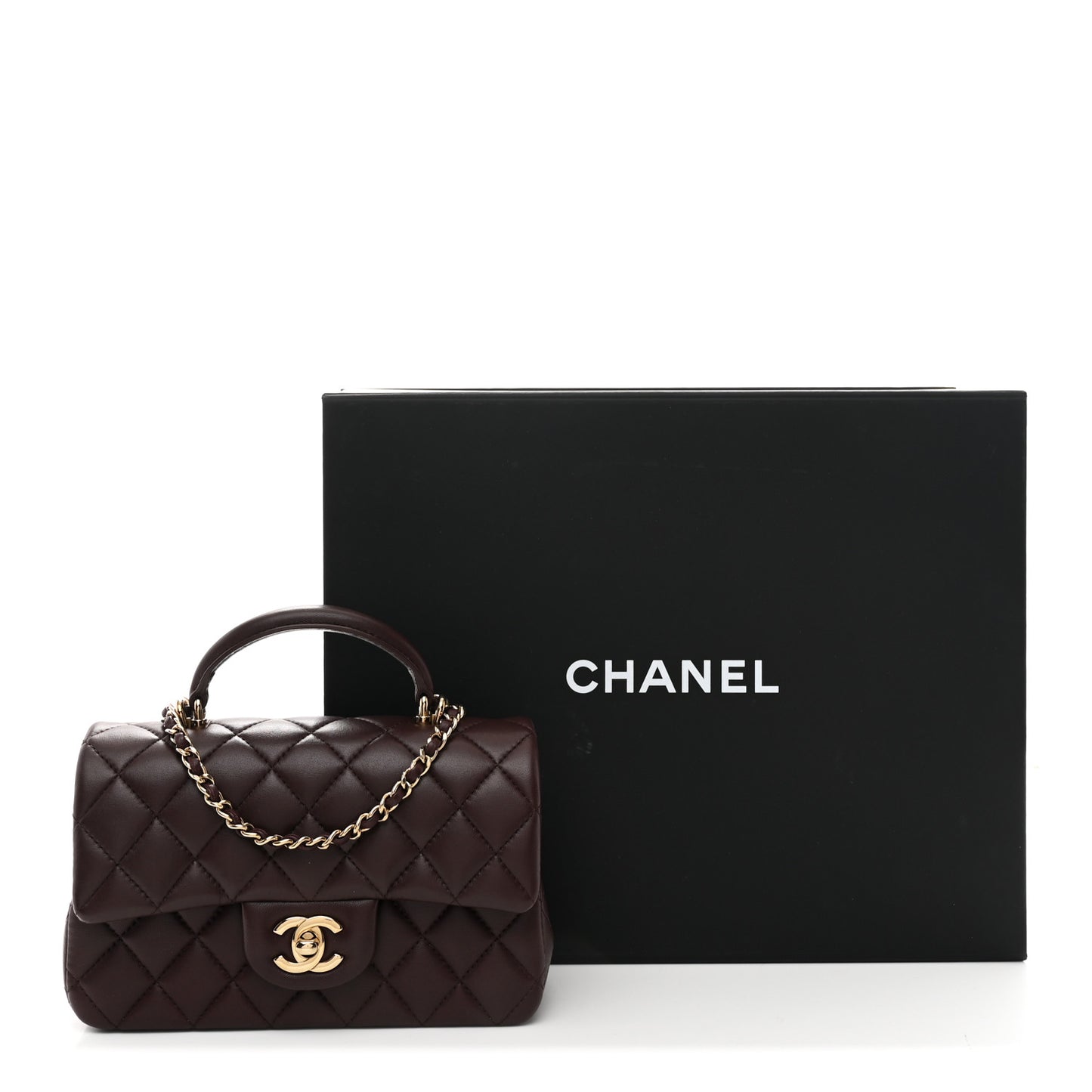 Lambskin Quilted Mini Top Handle Rectangular Flap Dark Brown