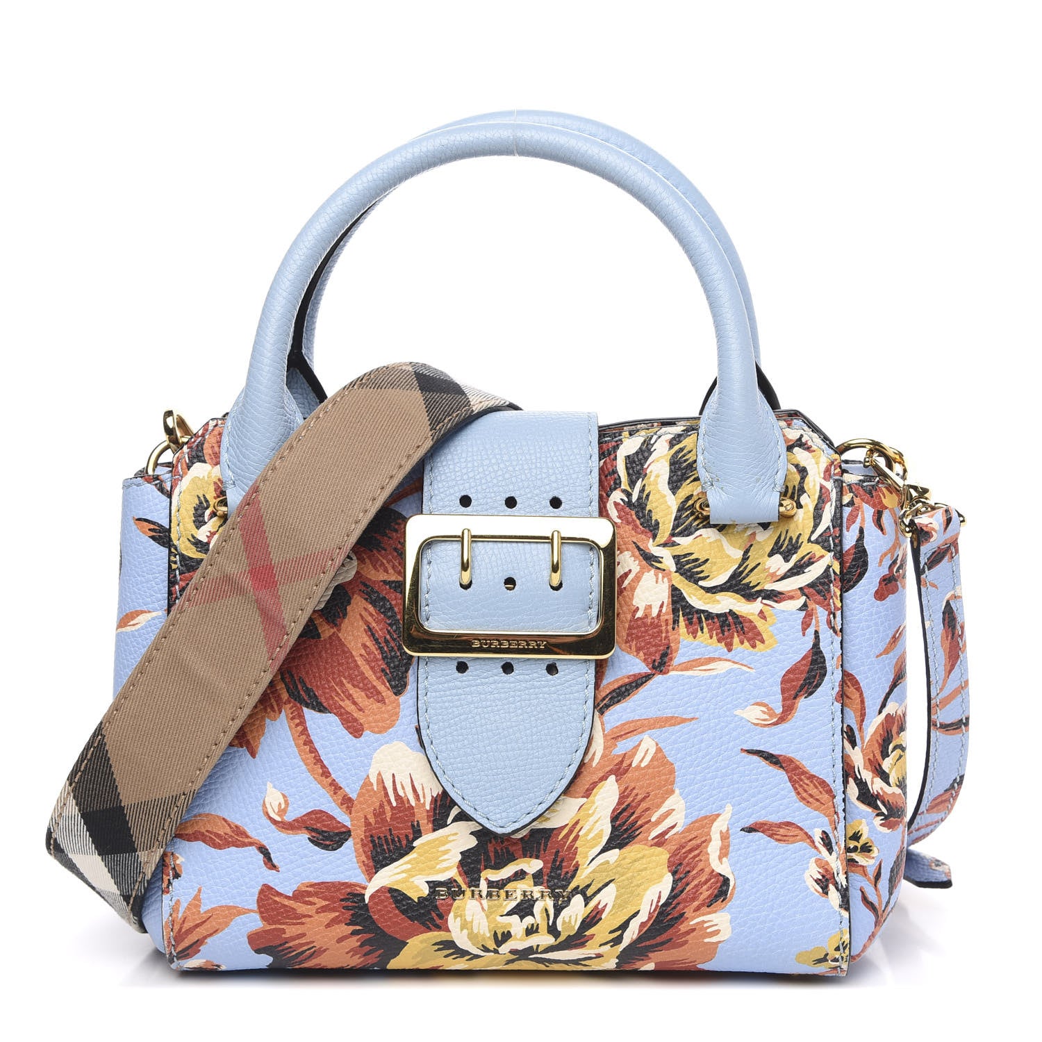Burberry Soft Grain Calfskin Floral Print Medium Buckle Tote Peony Rose Pale Blue Vibrant Orange 1 of 13
