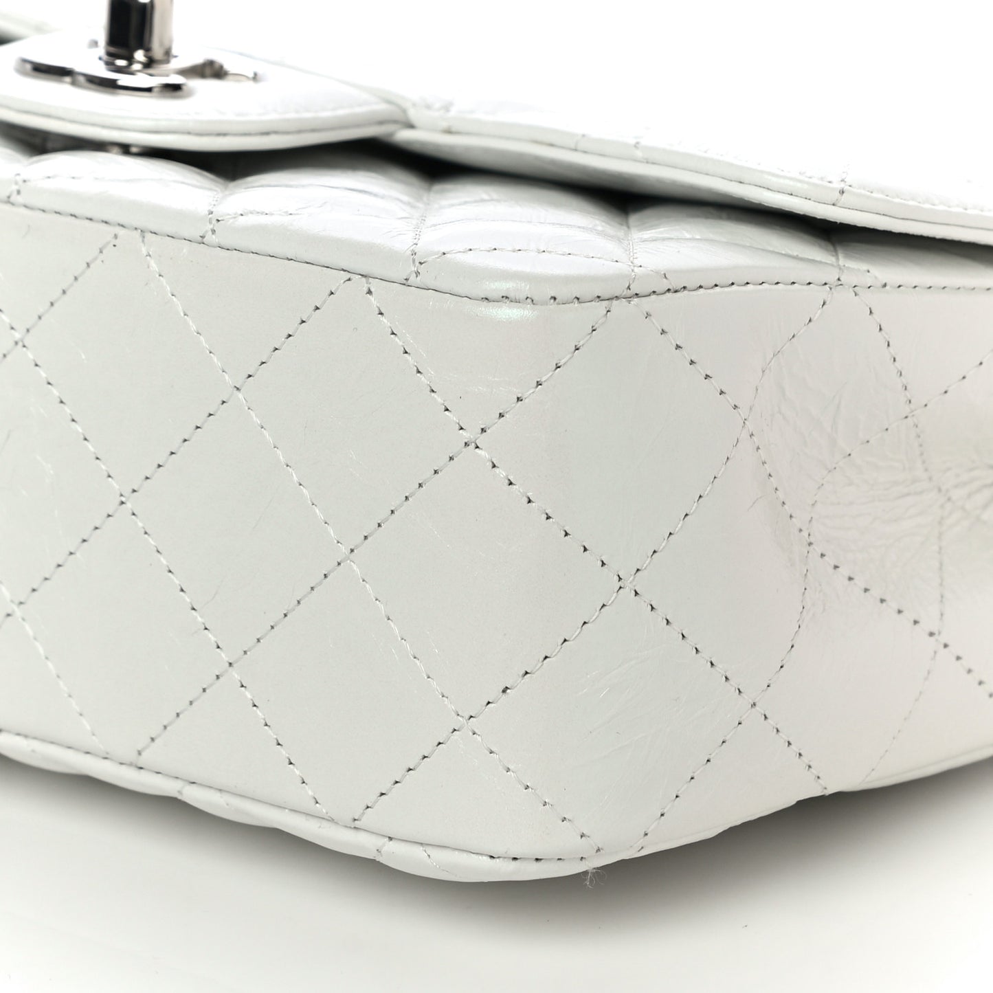 Iridescent Crumpled Calfskin Quilted Mini Rectangular Flap White