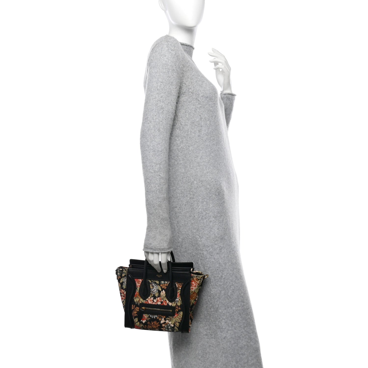 Celine Calfskin Lambskin Canvas Jacquard Floral Nano Luggage Black 2 of 11