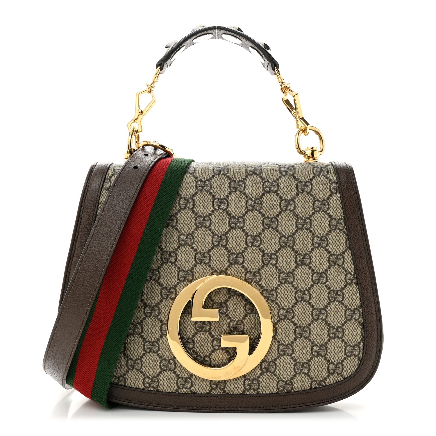Gucci GG Supreme Monogram Textured Dollar Calfskin Web Medium Blondie Top Handle Shoulder Flap Bag Beige Ebony New Acero 1 of 11