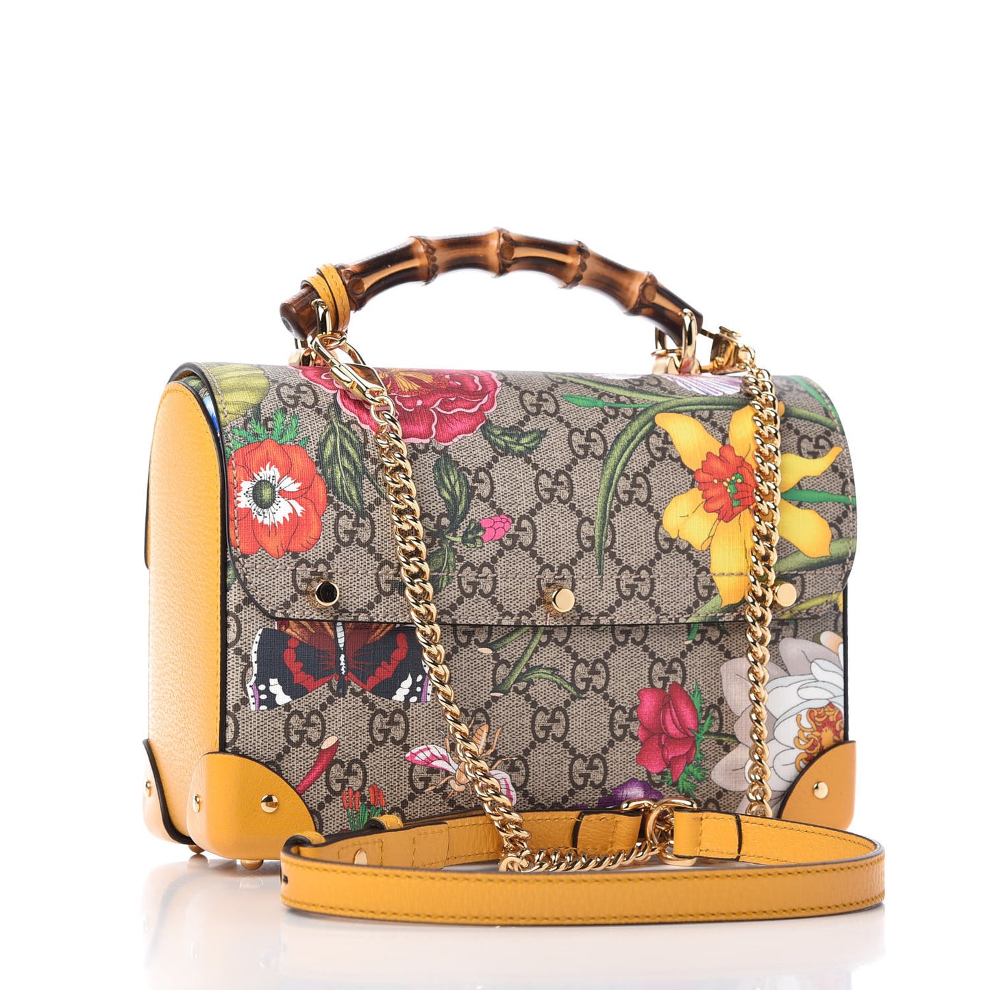 GG Supreme Monogram Flora Small Padlock Bamboo Shoulder Bag Beige Multicolor Crop