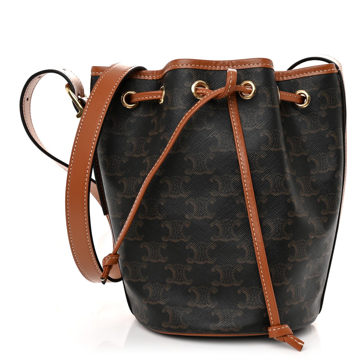 Celine Triomphe Canvas Calfskin Small Drawstring Bucket Bag Tan 1 of 10