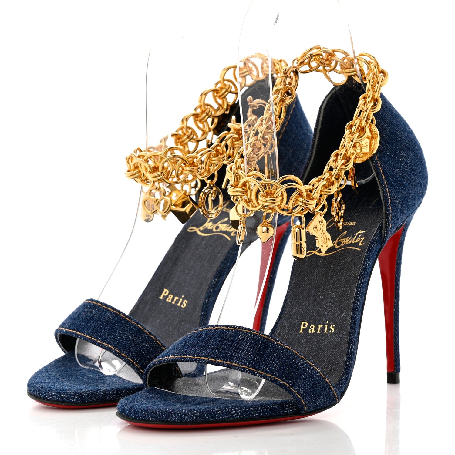 Christian Louboutin Denim Gourmi 100 Sandals 35 Blue Gold 3 of 8