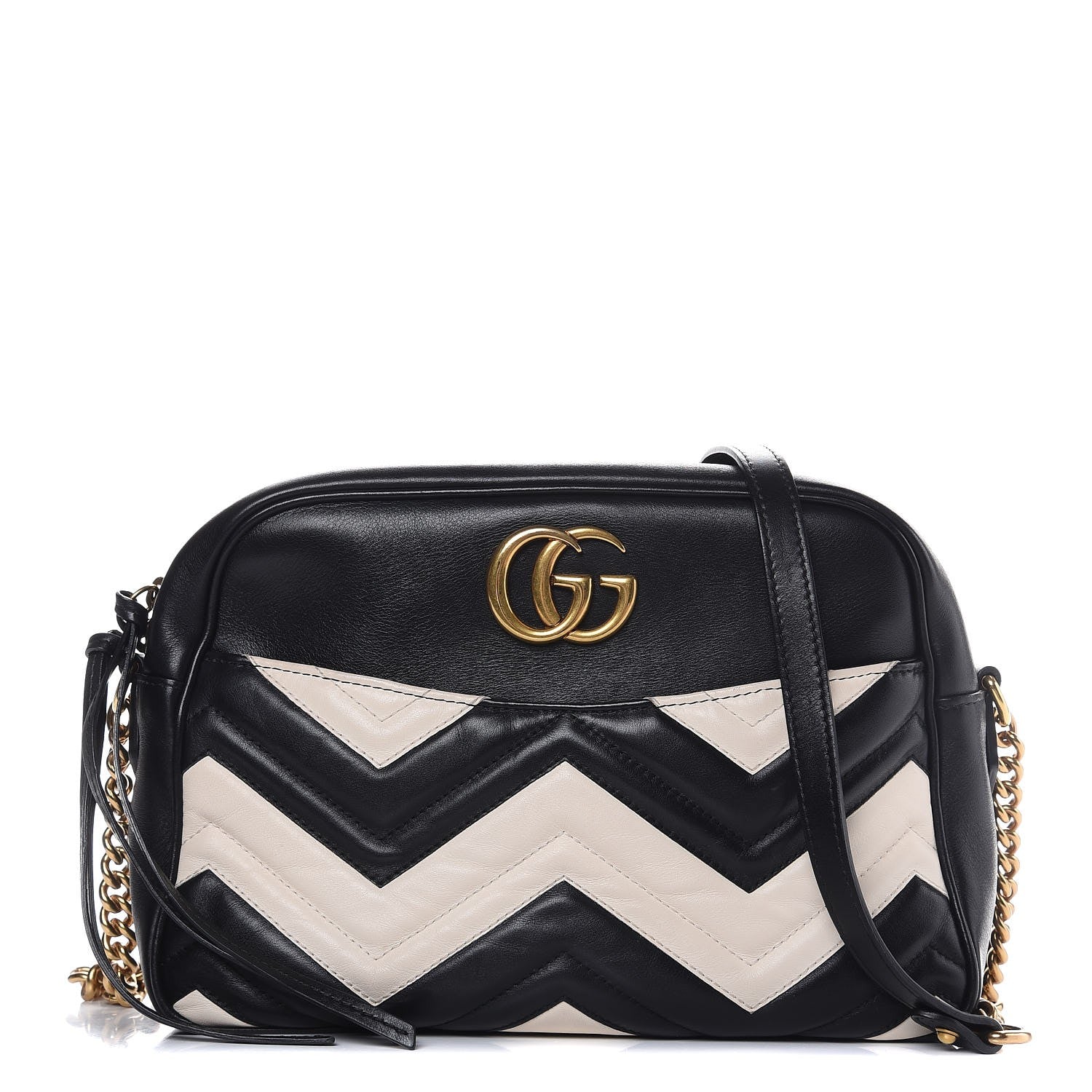Gucci Calfskin Matelasse Medium GG Marmont Chain Shoulder Bag Black White 1 of 9