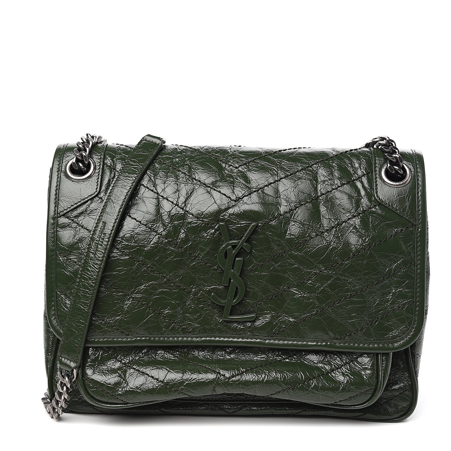 Saint Laurent Crinkled Calfskin Matelasse Monogram Medium Niki Chain Satchel Military Olive 1 of 9