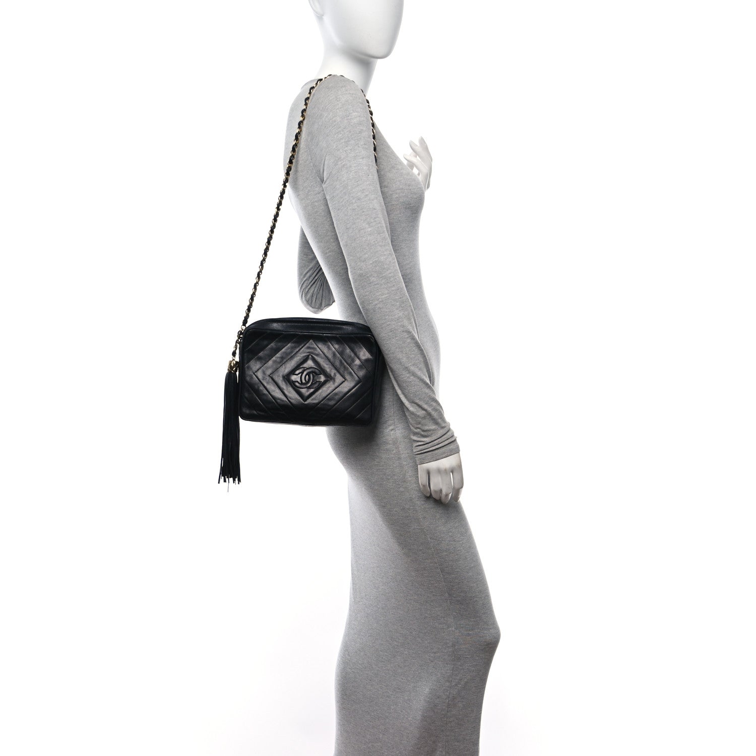 Chanel Lambskin Chevron Quilted Tassel Camera Case Black 2 of 12