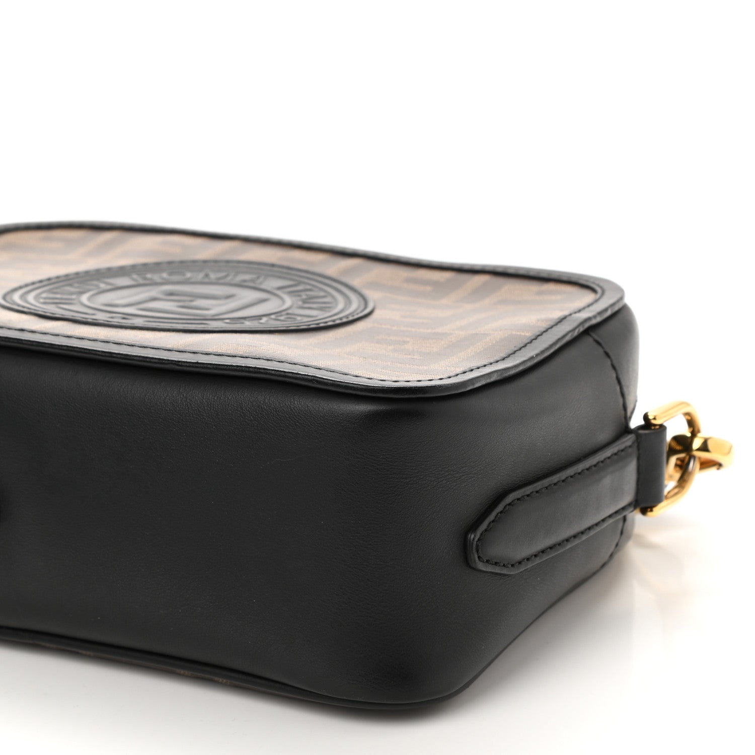 Fendi Glazed Fabric Vitello Century F is Fendi FF 1974 Stamp Patch Camera Case Mogano Panna Black 10 of 11
