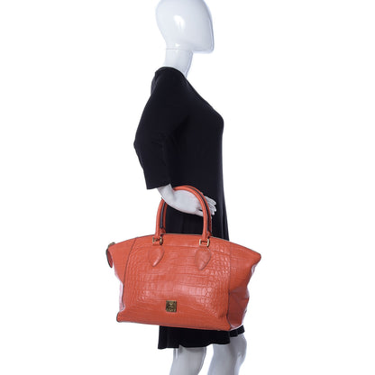 MCM Calfskin Crocodile Embossed Tote Orange 3 of 9