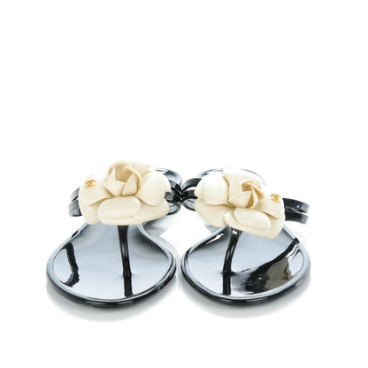 Chanel Jelly Camellia Thong Sandals 38 Black Ivory 4 of 16