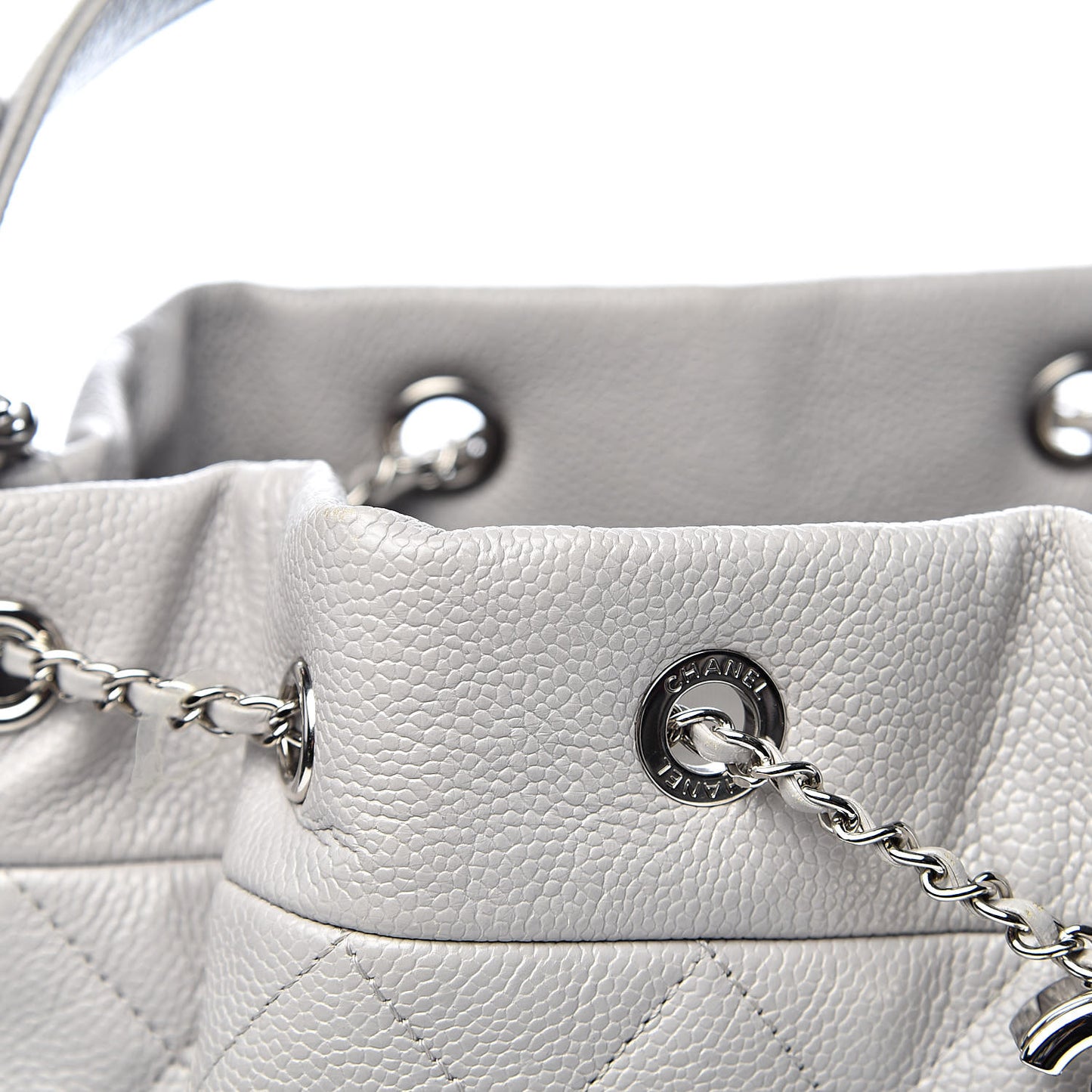 Grained Calfskin Quilted Medium CC Chain Bucket Drawstring Bag Light Grey