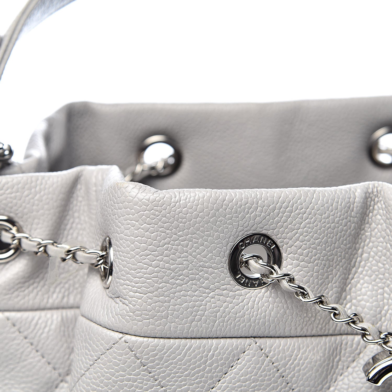 Chanel Grained Calfskin Quilted Medium CC Chain Bucket Drawstring Bag Light Grey 9 of 15