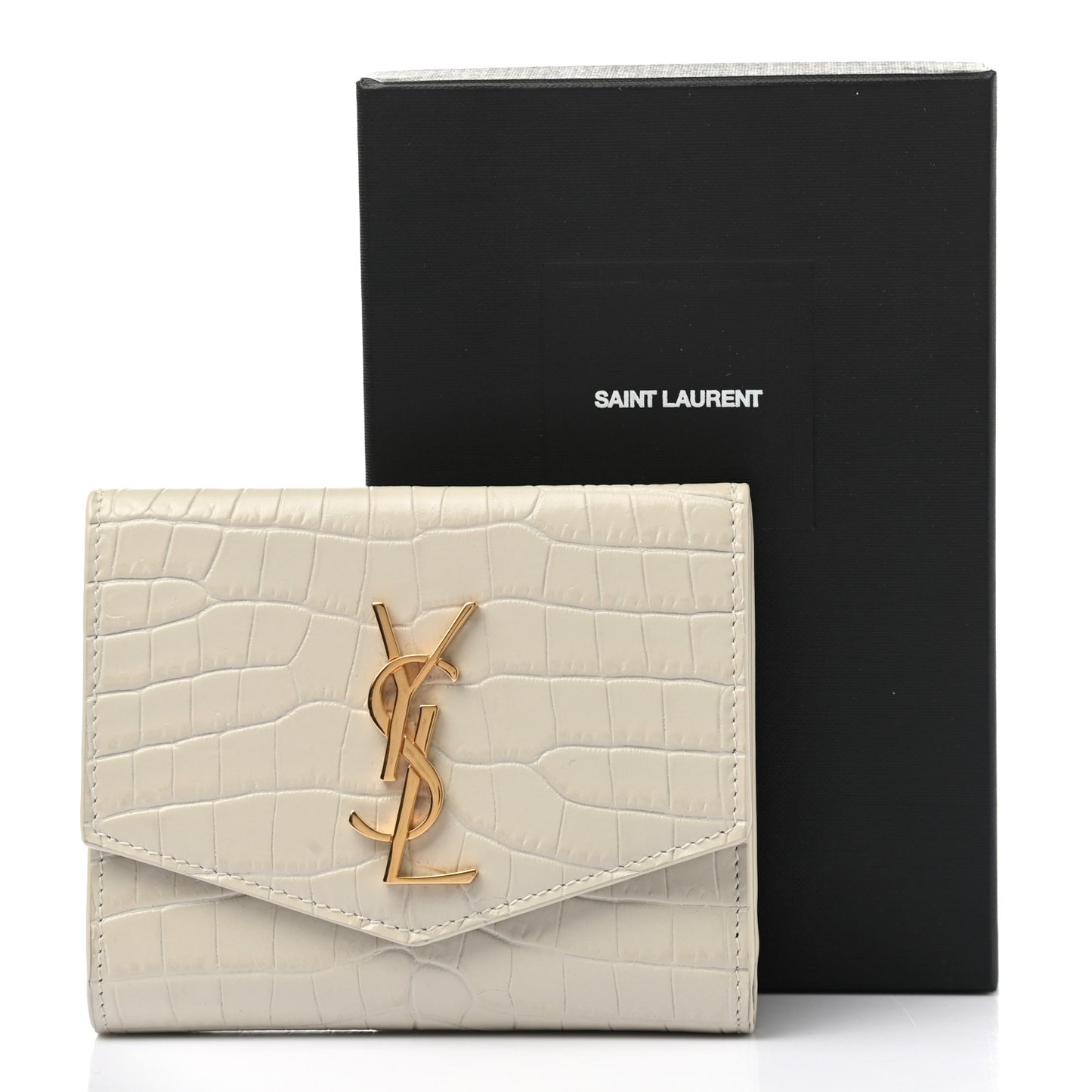 Shiny Calfskin Crocodile Embossed Monogram Uptown Compact Wallet White Vintage