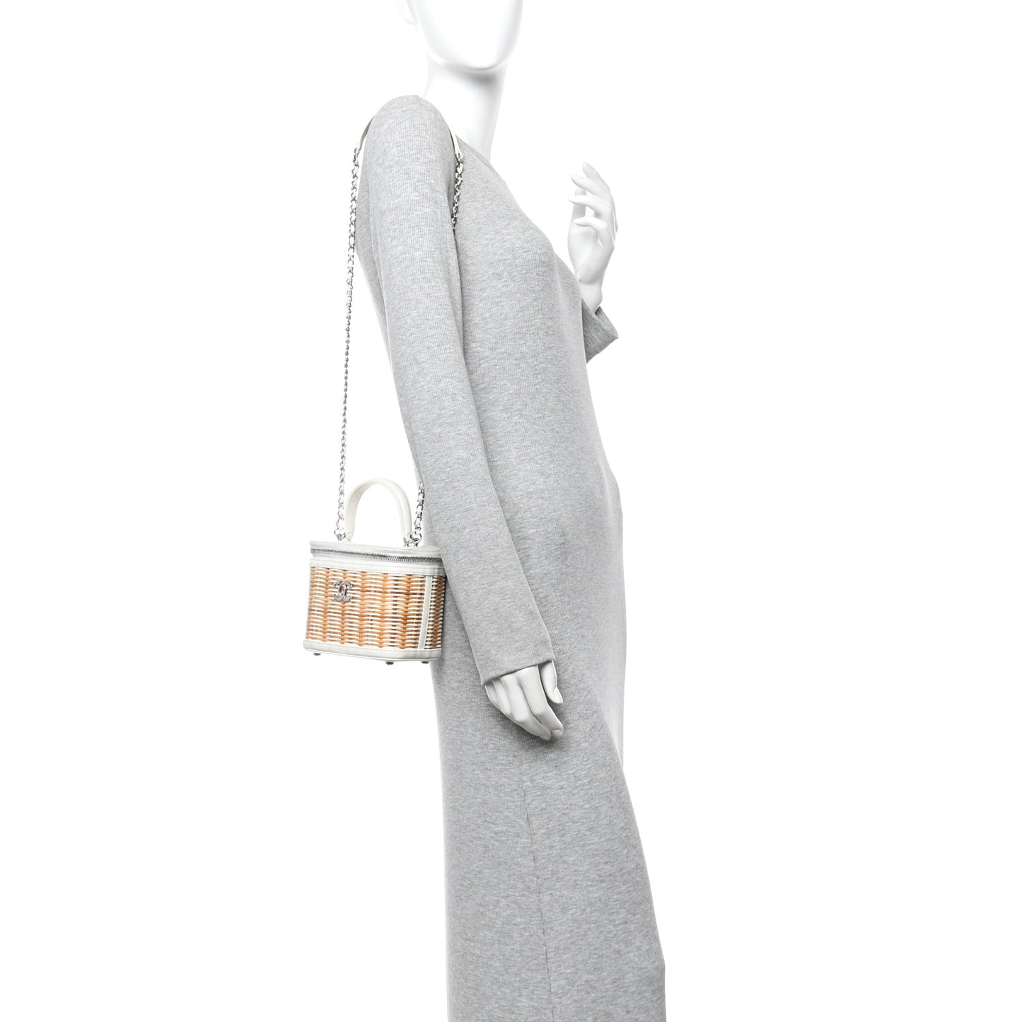 Calfskin Raffia Small Vanity Case Bag White Beige