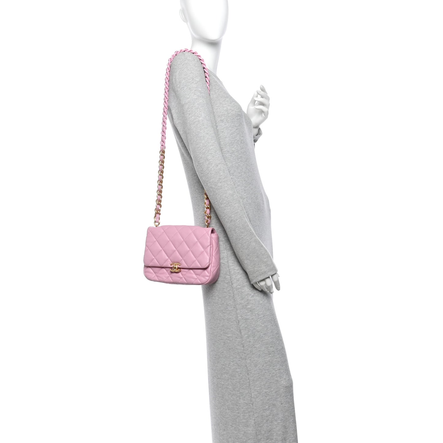 Lambskin Quilted Small Lacquered Chain Flap Pink
