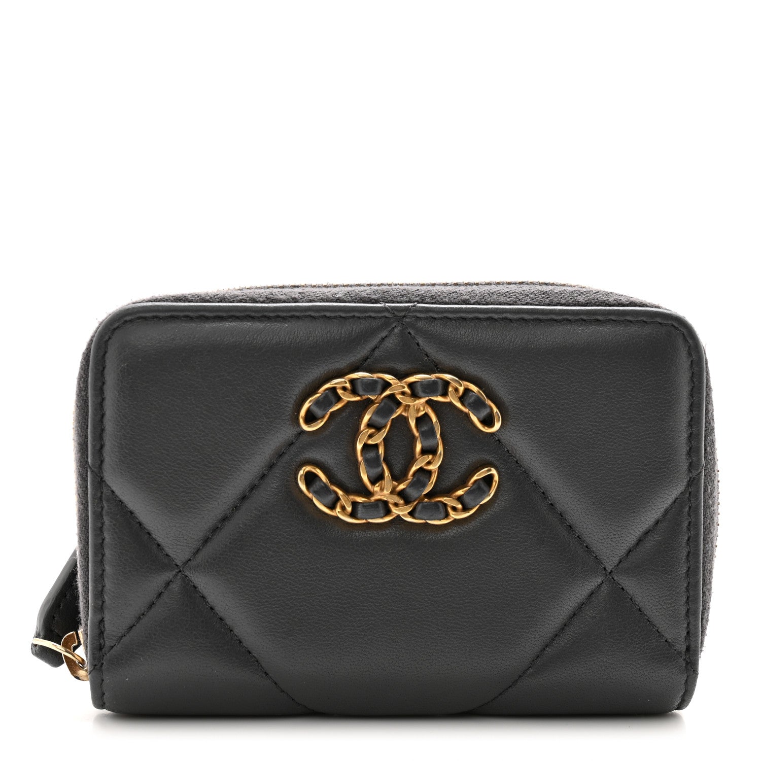 Chanel Lambskin Quilted Chanel 19 Zip Around Coin Purse Wallet Dark Grey 1 of 10