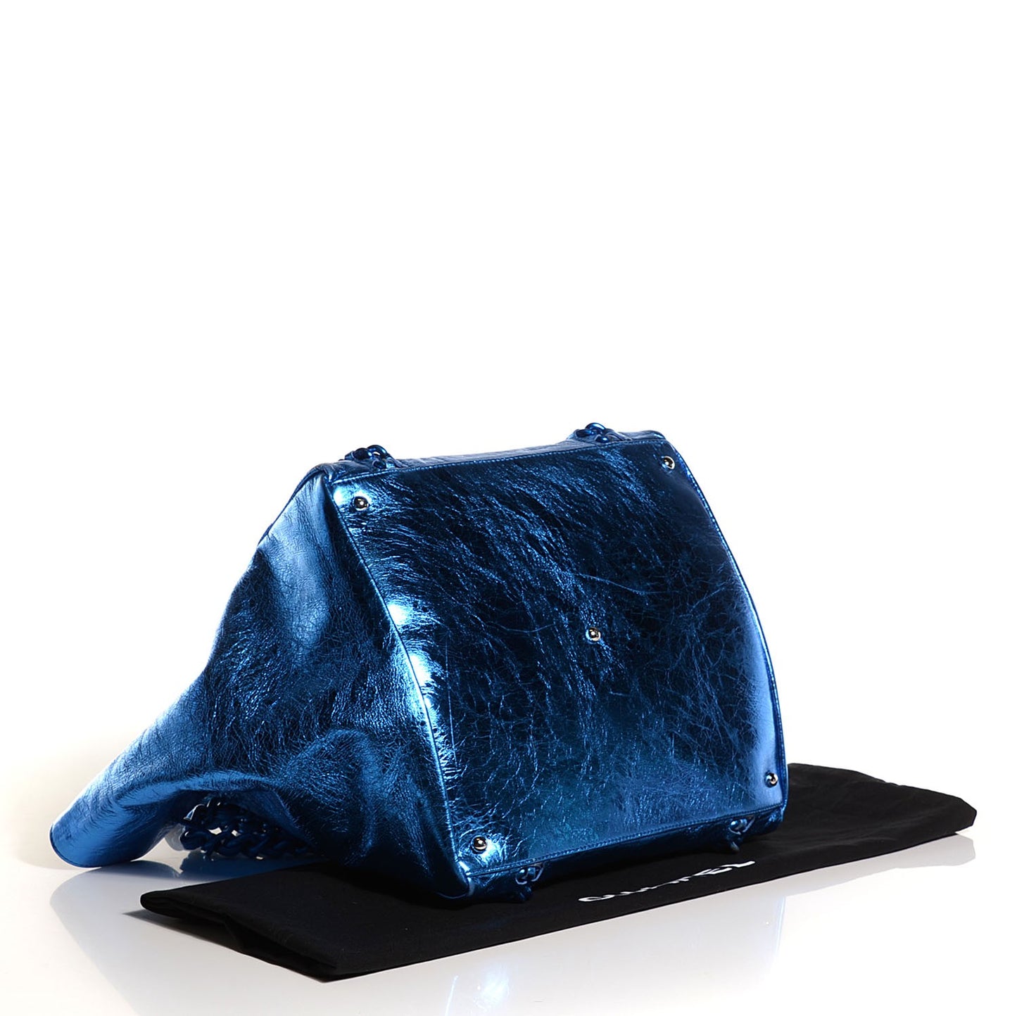 Metallic Cracked Calfskin Modern Chain Tote Blue