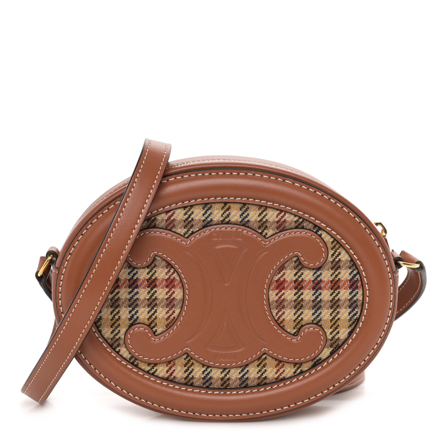 Smooth Calfskin Houndstooth Cuir Small Triomphe Oval Purse Crossbody Tan