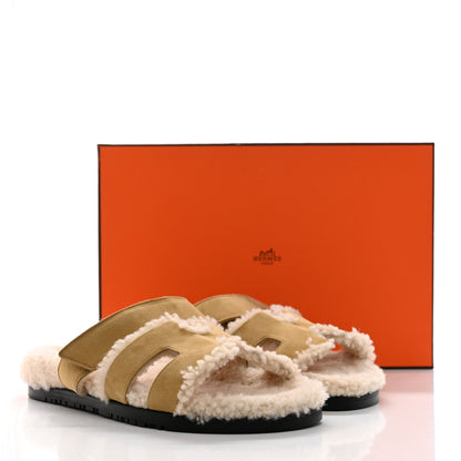 Hermes Suede Goatskin Woolskin Womens Chypre Sandals 38 Golden Beige 8 of 8