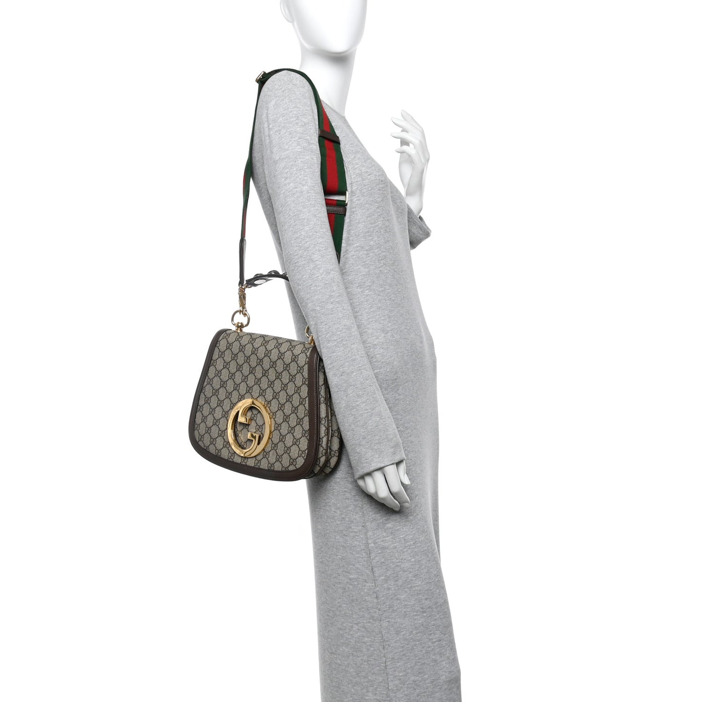 GG Supreme Monogram Textured Dollar Calfskin Web Medium Blondie Top Handle Shoulder Flap Bag Beige Ebony New Acero