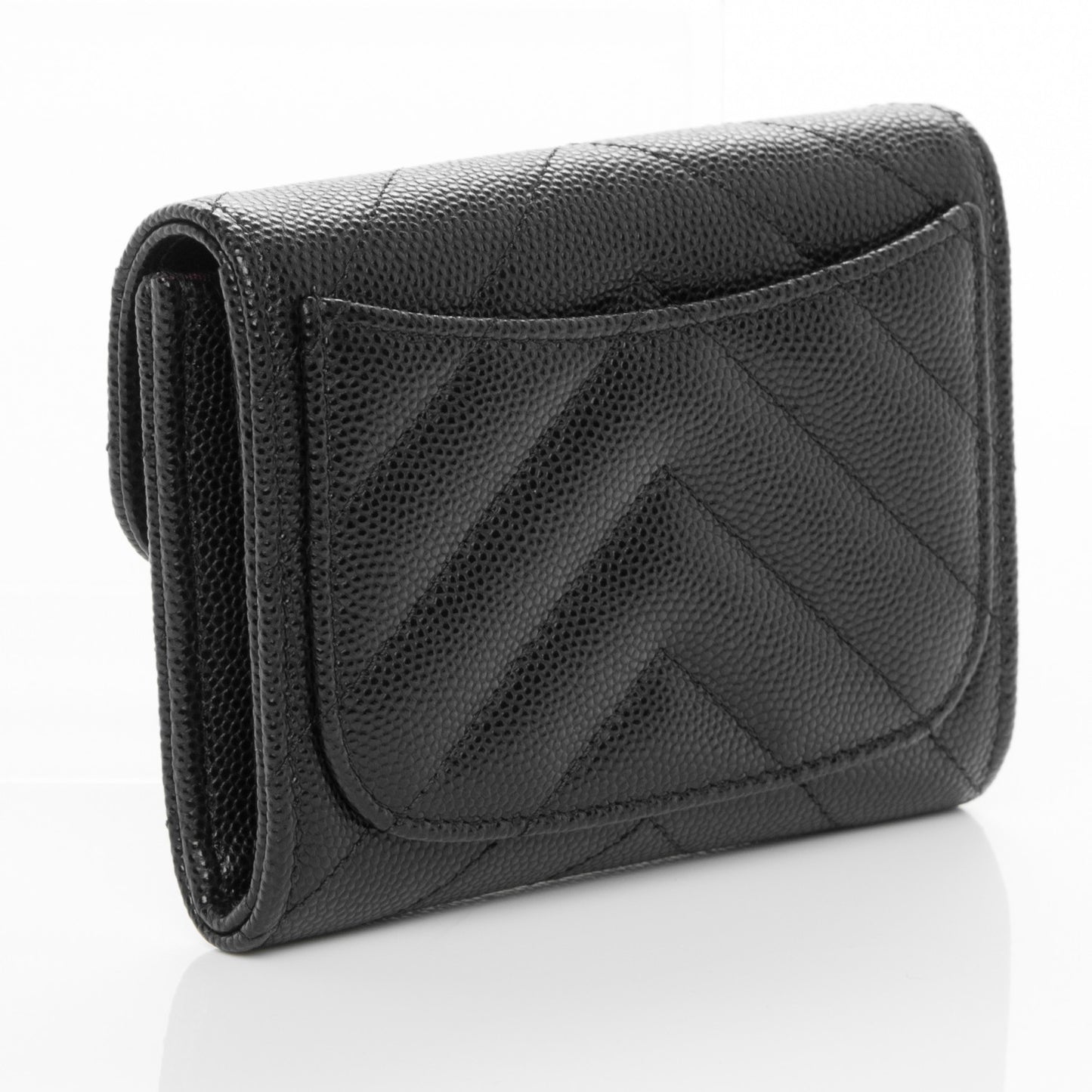 Caviar Chevron Quilted Card Holder Wallet Black