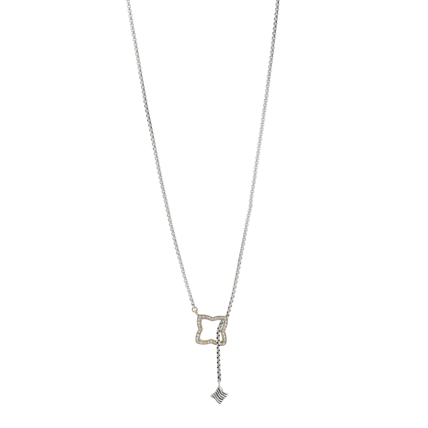Sterling Silver 18K Yellow Gold Diamond 17mm Quatrefoil Lariat Necklace