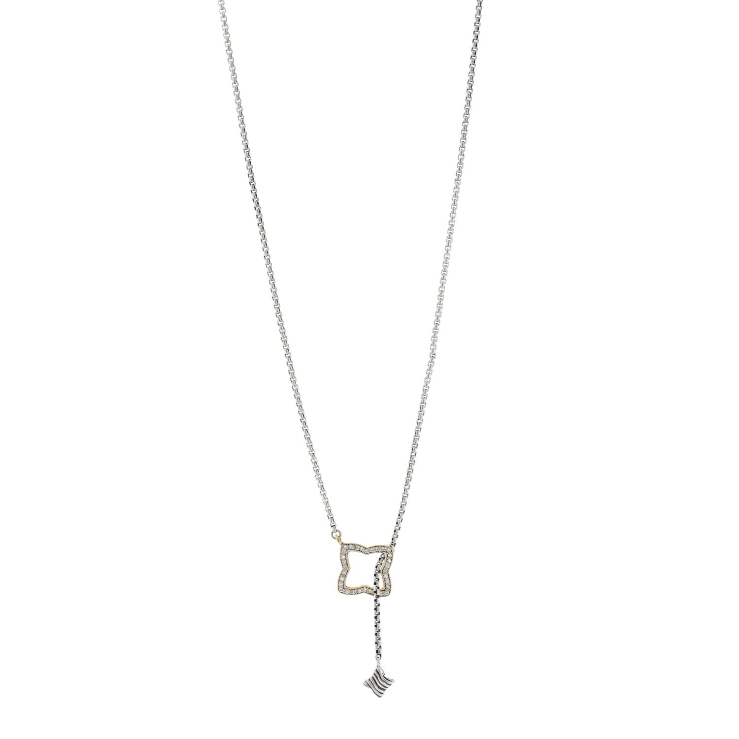 David Yurman Sterling Silver 18K Yellow Gold Diamond 17mm Quatrefoil Lariat Necklace 1 of 4