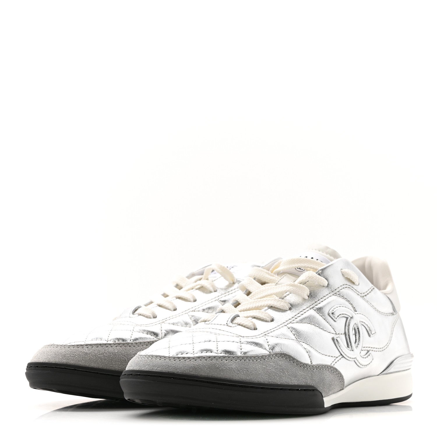 Chanel Laminated Calfskin Suede Quilted Womens CC Sneakers 38 Silver White Gray 3 of 10